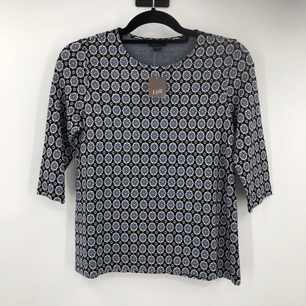 J. Jill Wearever Collection Black Floral Medallion Jacquard Ballet Sleeve Top